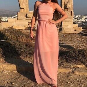 Pink flowy maxi dress with pleated top and halter neck in Ancient Greek Roman s